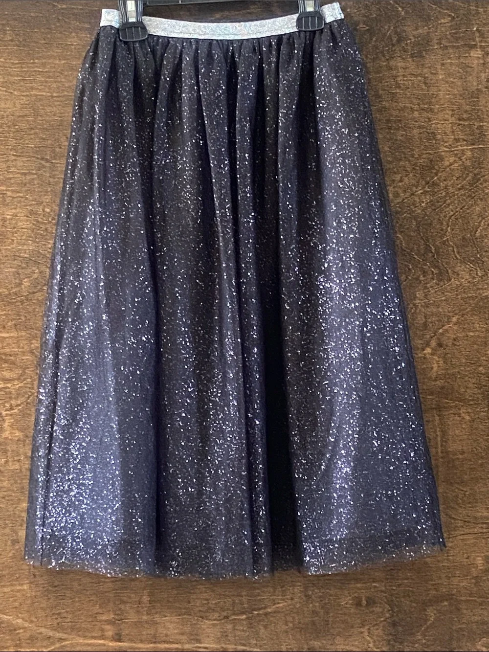 Cat & Jack Black Sparkle Tulle Midi Skirt, Silver Waistband, girls size S (6/6x)
